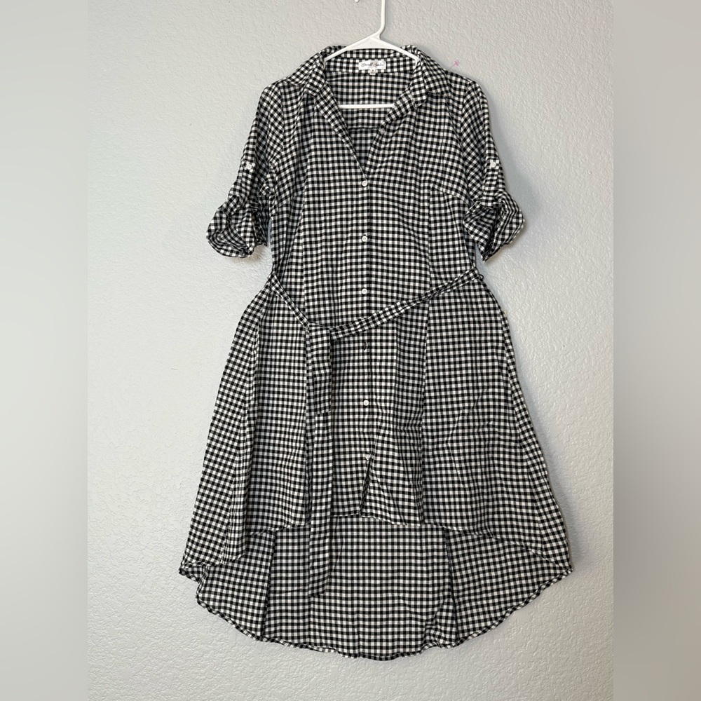 Emerald Sundae Women’s Black Gingham Woven Button Front Hi/Lo Shirt Dress S